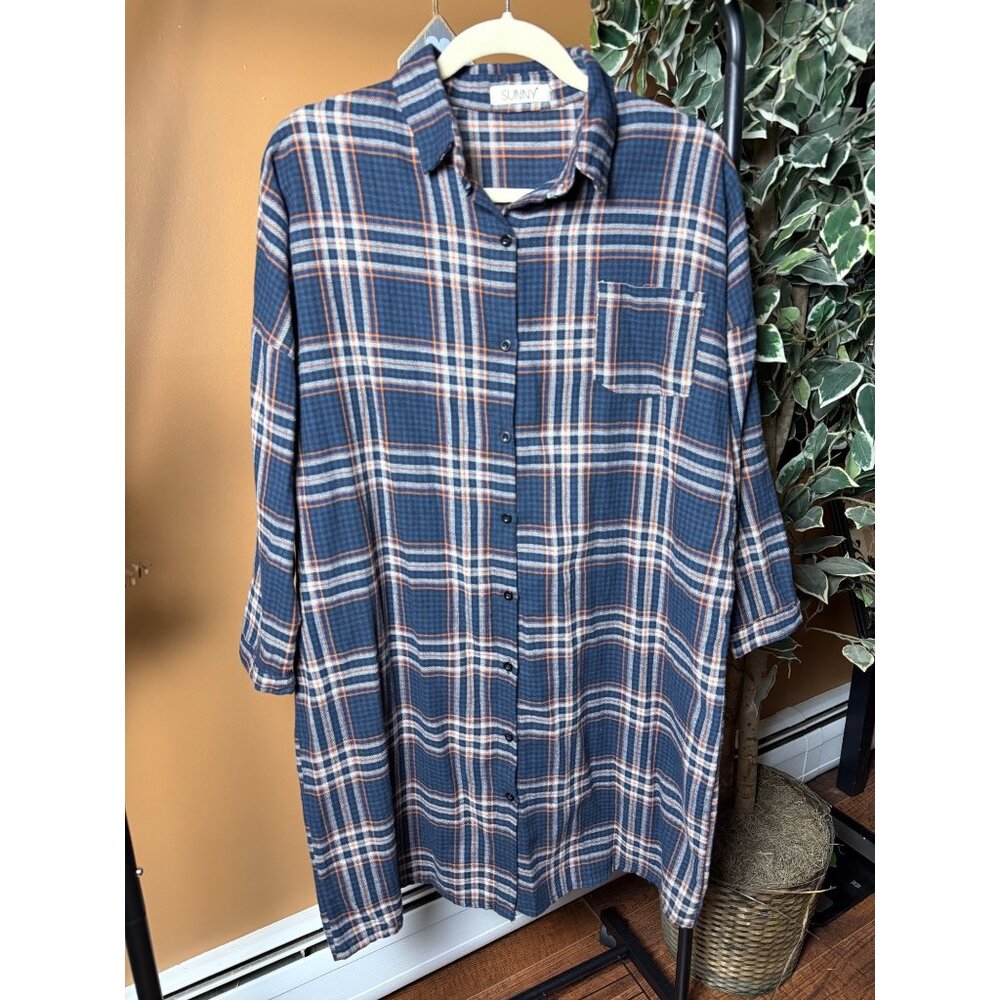 Sunny Navy Plaid Button-Up Long Oversized Shirt Dress W Pocket & 3/4 Sleeves